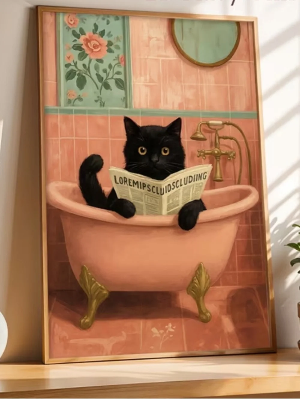 Black cat in bathtub canvas print - pink